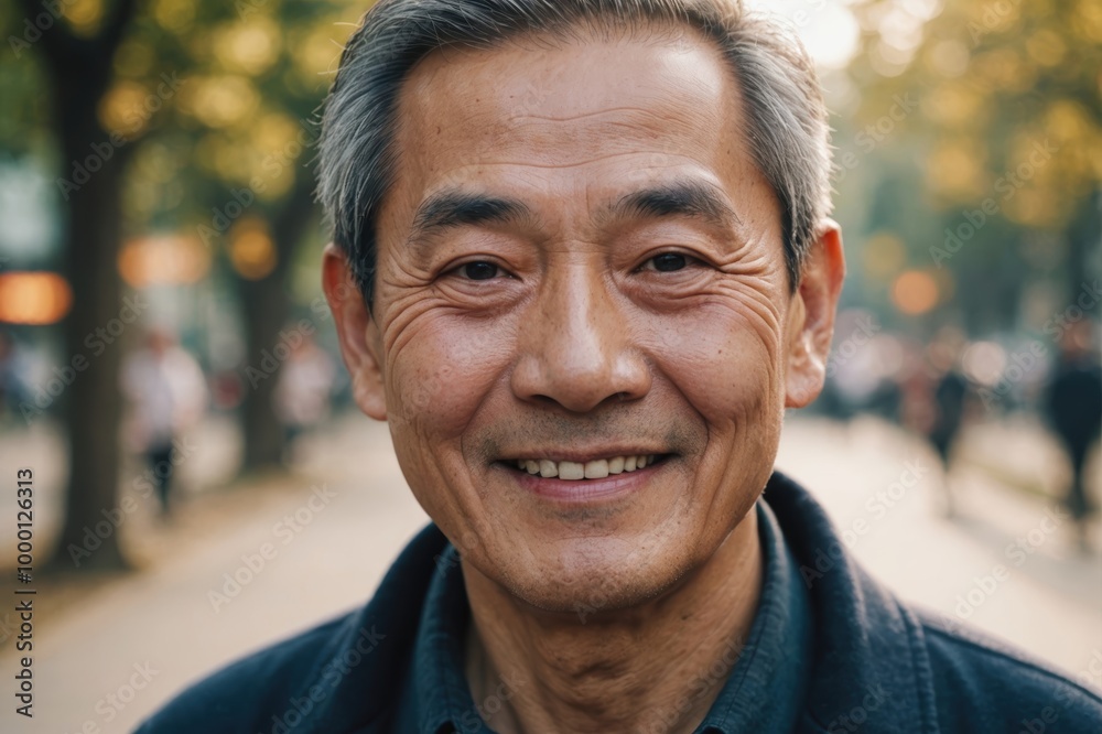 Close portrait of a smiling senior Chinese man looking at the camera, Chinese outdoors blurred background Close portrait of a smiling senior Chinese man looking at the camera, Chinese outdoors blurred background