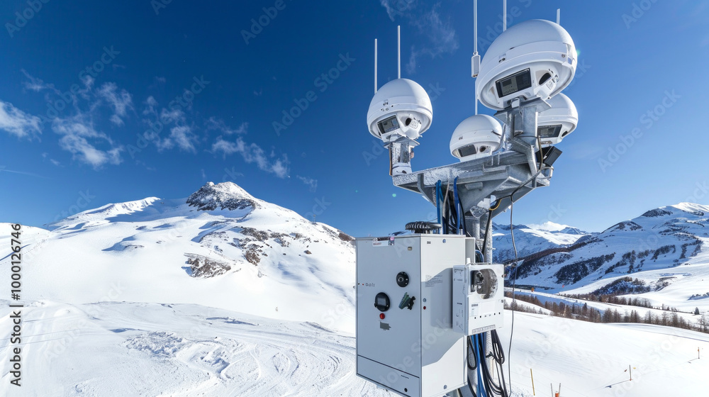 State-of-the-art Weather Station with Advanced Aerial Sensors in Snowy Alpine Landscape. Concept of High-tech Meteorology, Winter Data Collection, Mountain Weather Analysis
