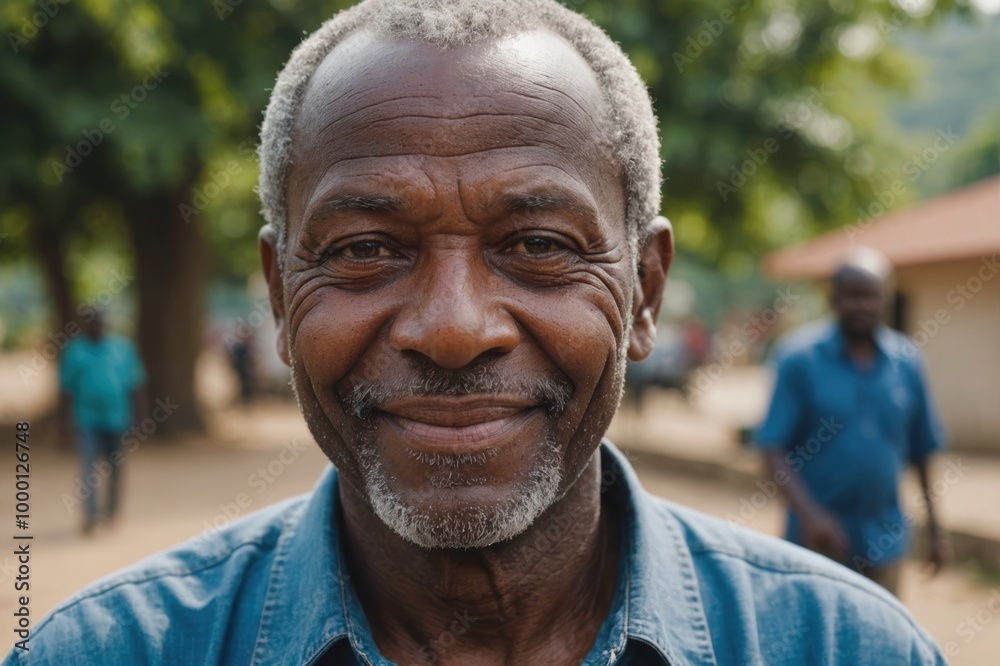 Close portrait of a smiling senior Comorian man looking at the camera, Comorian outdoors blurred background Close portrait of a smiling senior Comorian man looking at the camera, Comorian outdoors blurred background