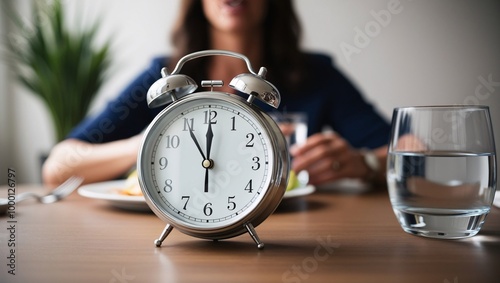 close-up of a table clock showing the time ticking down to the next meal, capturing the struggle and patience involved in managing hunger during intermittent fasting photo