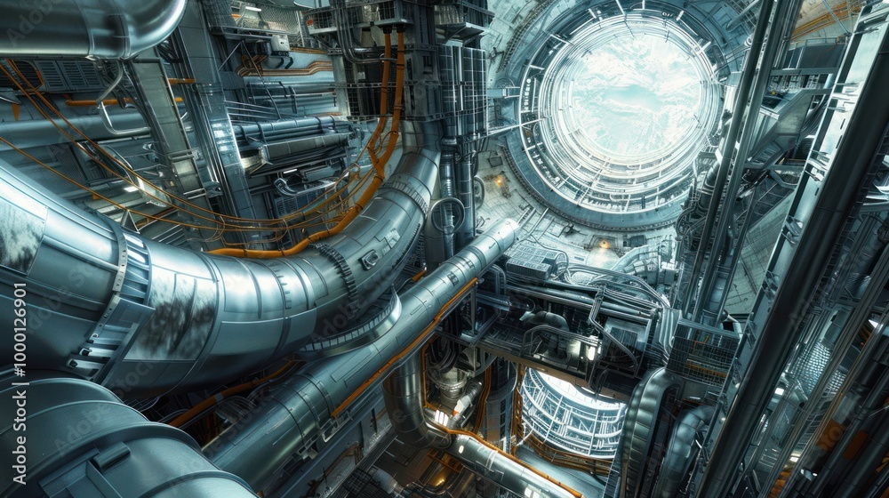 Futuristic Industrial Interior with a View Futuristic Industrial Interior with a View