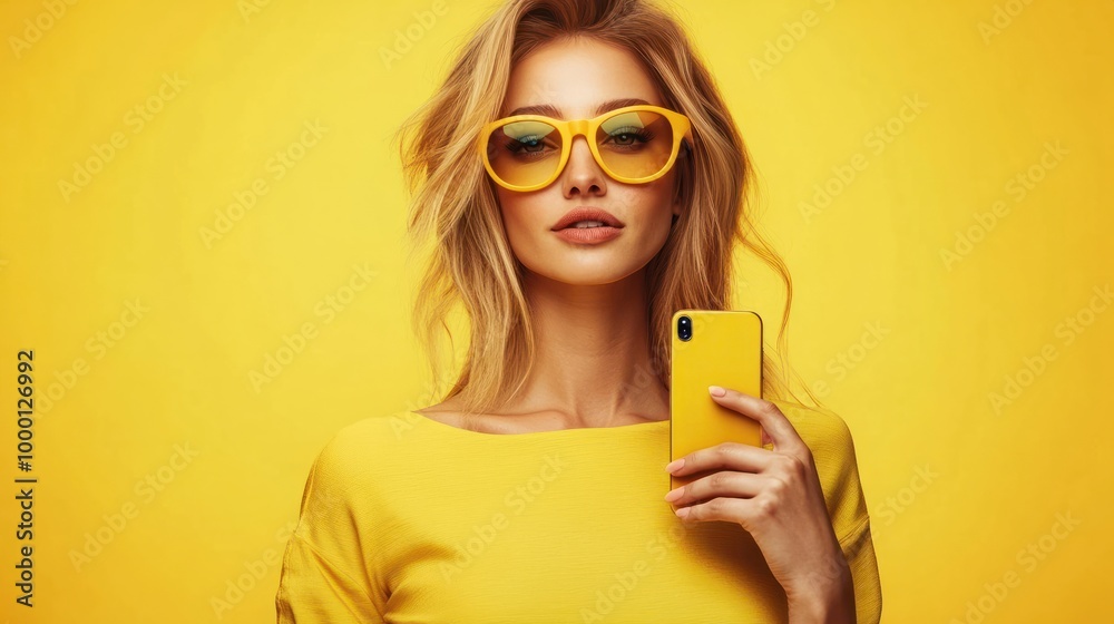 woman with phone on yellow background . AI Generated woman with phone on yellow background . AI Generated