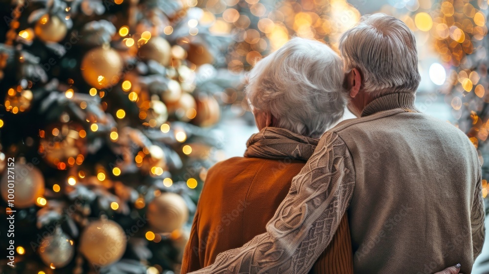 Elderly Couple Embracing in Front of Christmas Tree with Golden Ornaments. Concept of Holiday Spirit, Senior Love, Festive Decorations Elderly Couple Embracing in Front of Christmas Tree with Golden Ornaments. Concept of Holiday Spirit, Senior Love, Festive Decorations