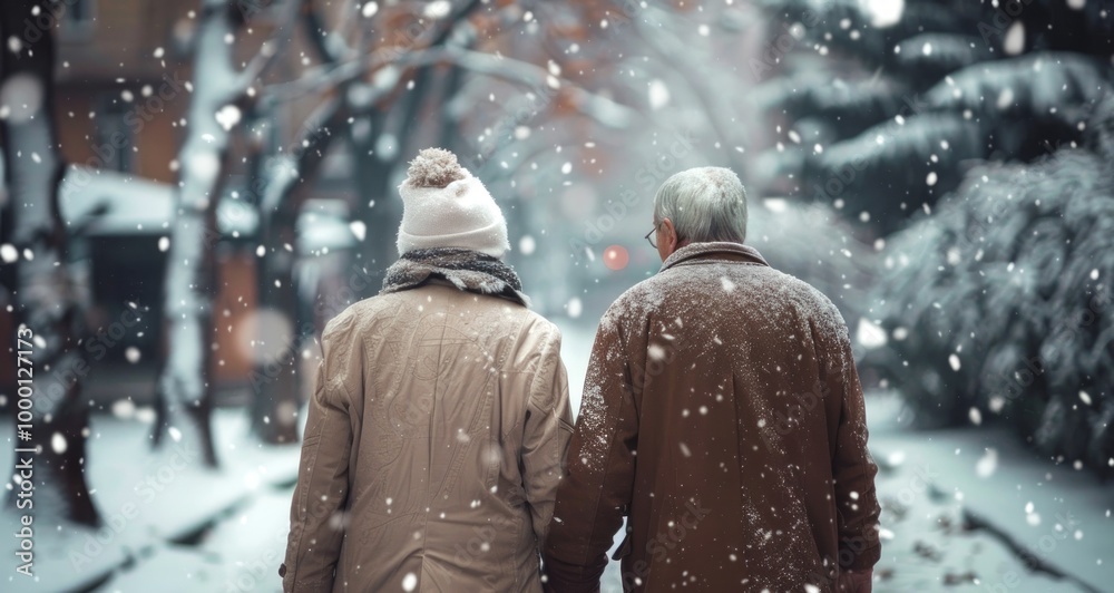 Elderly Couple Walking Hand-in-Hand through a Snowy Park. Concept of Winter Romance, Aging Gracefully, Outdoor Activity Elderly Couple Walking Hand-in-Hand through a Snowy Park. Concept of Winter Romance, Aging Gracefully, Outdoor Activity