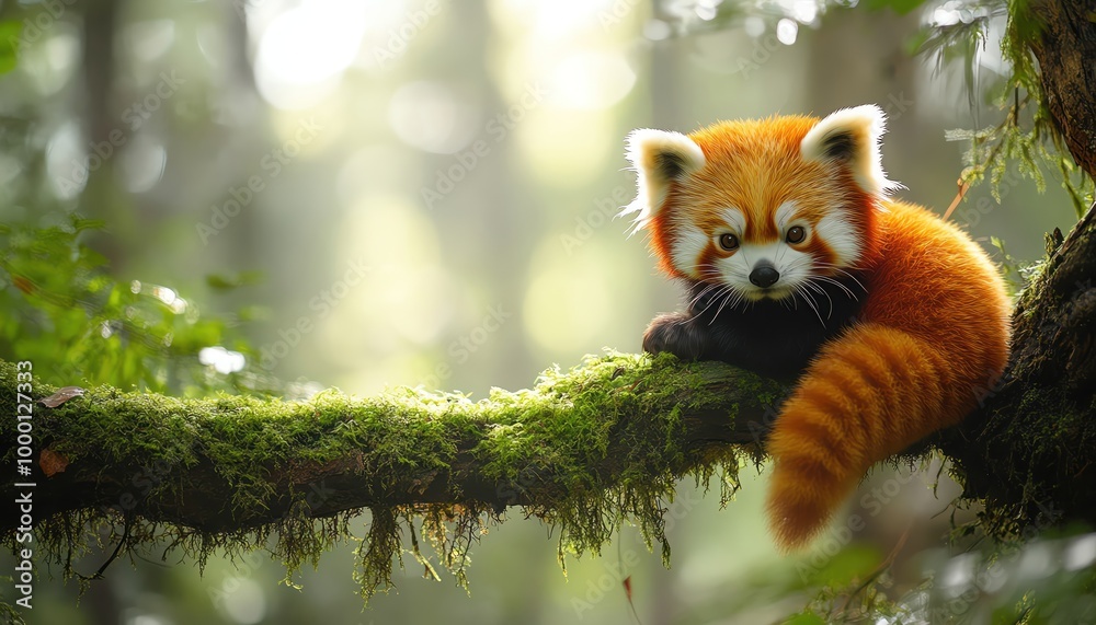 A red panda perched on a mossy tree branch, in a misty forest, soft light creating a serene ambiance A red panda perched on a mossy tree branch, in a misty forest, soft light creating a serene ambiance