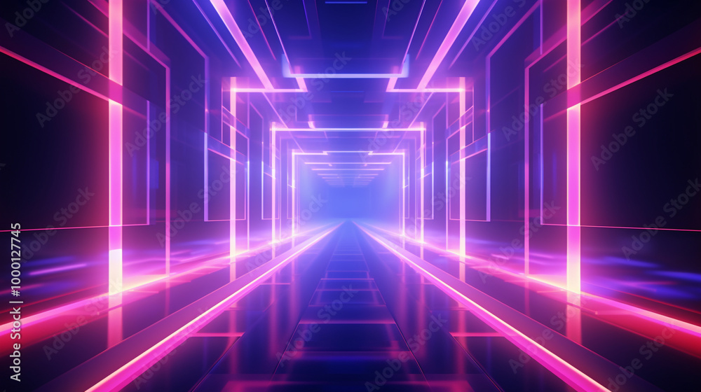 Fototapeta premium 3D abstract background with neon lights. neon tunnel .space construction .