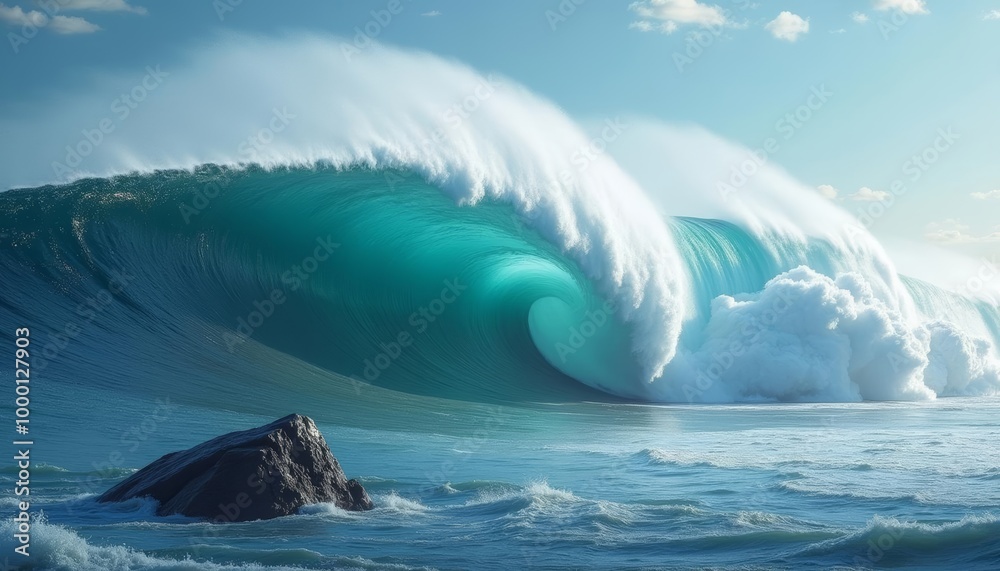Powerful ocean wave crashing against a rock formation Powerful ocean wave crashing against a rock formation