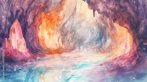 Wallpaper Mural Colorful Watercolor Illustration of a Mystical Cave Interior with Abstract Rock Formations and Glowing Crystals. Concept of Fantasy Environment, Artistic Exploration, Enchanted Underground World Torontodigital.ca