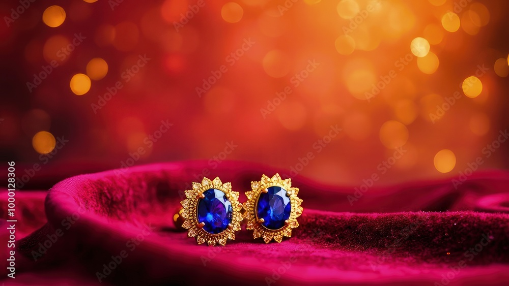 Close-up shot of gold and sapphire earrings resting on a rich dark ruby velvet fabric, with a soft ruby-to-gold gradient background. Subtle festive sparkles float in the air, creating a celebratory Close-up shot of gold and sapphire earrings resting on a rich dark ruby velvet fabric, with a soft ruby-to-gold gradient background. Subtle festive sparkles float in the air, creating a celebratory
