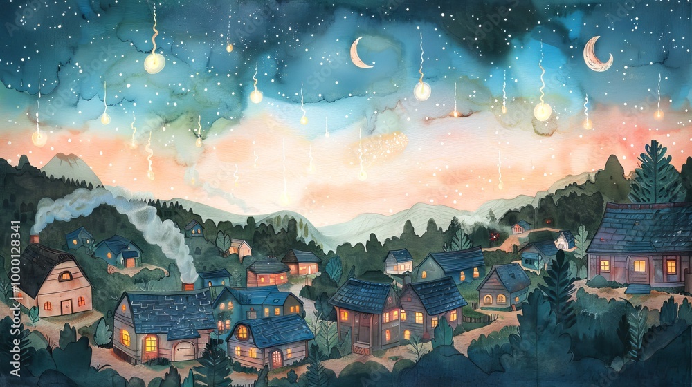 Magical Night Sky with Shooting Stars Over a Serene Village Featuring Cozy Homes and Glowing Warm Lights. Concept of Tranquil Countryside, Star Gazing, Winter Night Magic Magical Night Sky with Shooting Stars Over a Serene Village Featuring Cozy Homes and Glowing Warm Lights. Concept of Tranquil Countryside, Star Gazing, Winter Night Magic