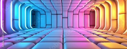 Colorful abstract tunnel with glowing lights and geometric patterns in a modern design.