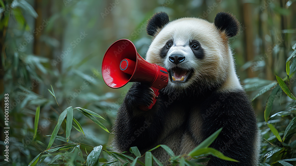 Obraz premium Panda holding a red megaphone, surrounded by lush bamboo, humorous and playful scene