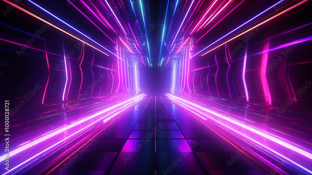 Fototapeta premium 3D abstract background with neon lights. neon tunnel .space construction . .3d illustration