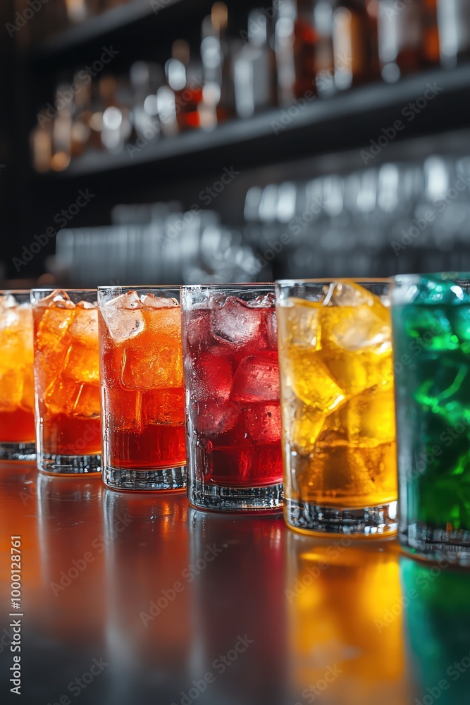 Row of brightly colored cocktails with ice, arranged in a neat line on a bar Row of brightly colored cocktails with ice, arranged in a neat line on a bar