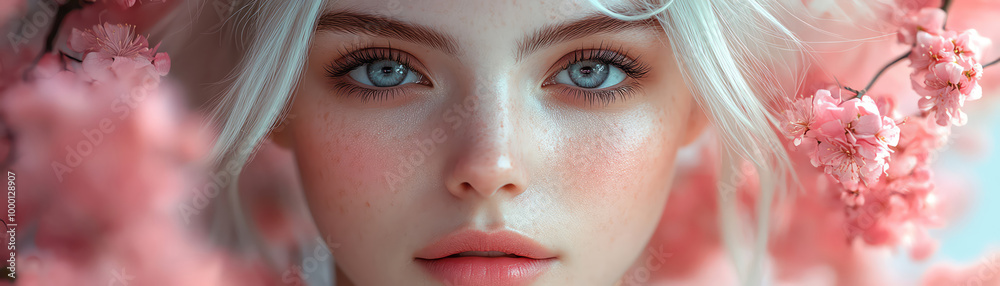 Obraz premium Soft pastel floral look, woman with white hair surrounded by pink blooms, dreamy and delicate atmosphere