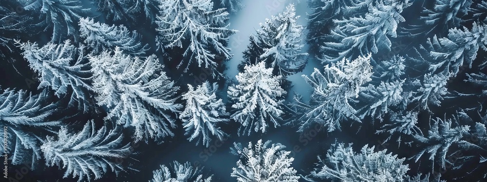Aerial View of a Snow-Covered Winter Forest with Pine Trees. Concept of Winter Wonderland, Nature's Beauty, Serene Landscapes. Banner Aerial View of a Snow-Covered Winter Forest with Pine Trees. Concept of Winter Wonderland, Nature's Beauty, Serene Landscapes. Banner