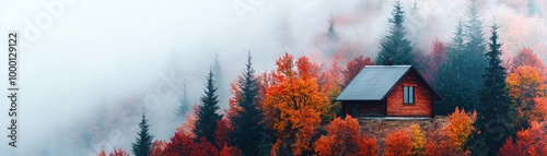 Cozy cabin surrounded by vibrant autumn foliage