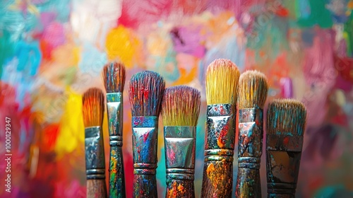 Paintbrushes with colorful paint splatters in front of an abstract painting.