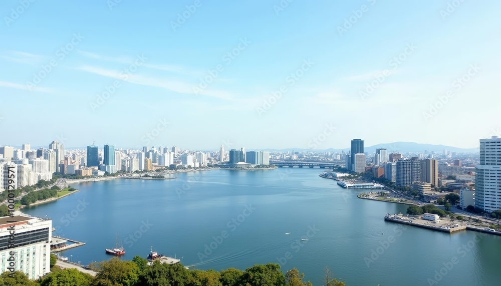 Vibrant cityscape meets serene waters Vibrant cityscape meets serene waters