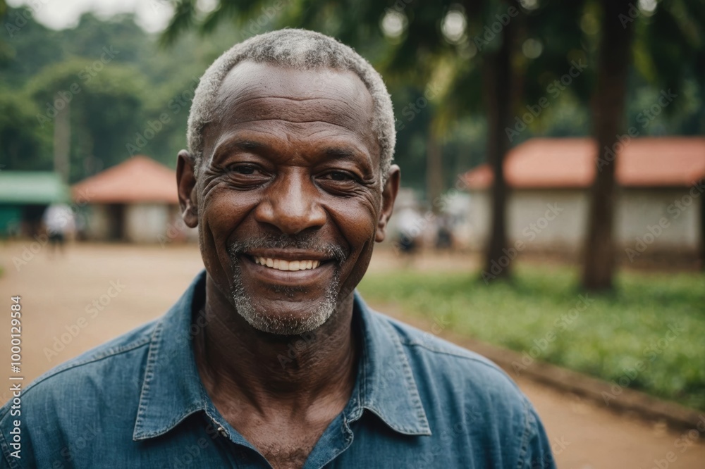 Close portrait of a smiling senior Equatorial Guinean man looking at the camera, Equatorial Guinean outdoors blurred background Close portrait of a smiling senior Equatorial Guinean man looking at the camera, Equatorial Guinean outdoors blurred background