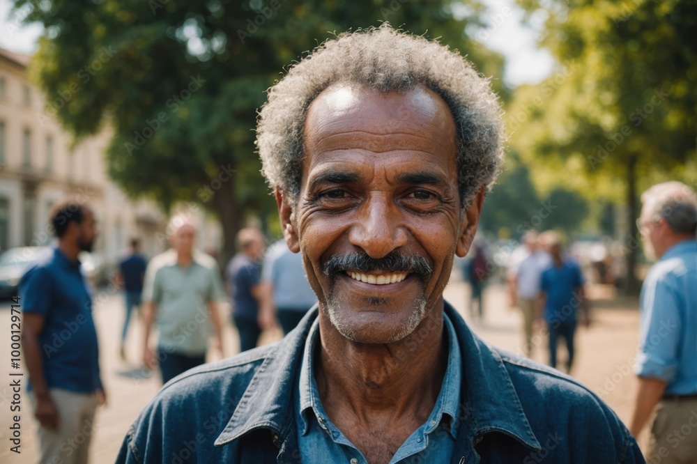 Close portrait of a smiling senior Eritrean man looking at the camera, Eritrean outdoors blurred background Close portrait of a smiling senior Eritrean man looking at the camera, Eritrean outdoors blurred background