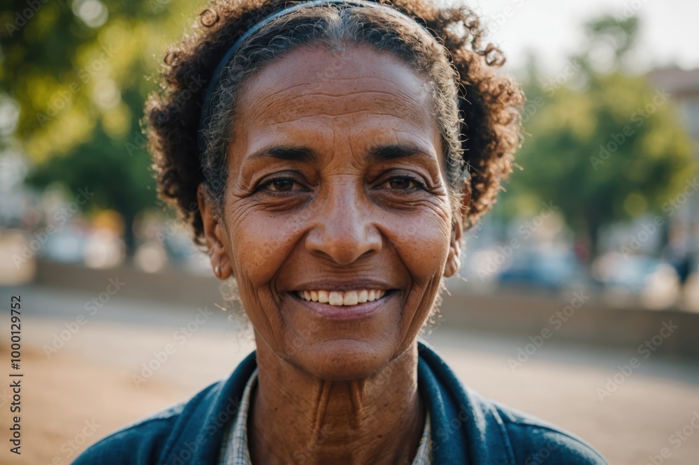 Close portrait of a smiling senior Eritrean woman looking at the camera, Eritrean outdoors blurred background Close portrait of a smiling senior Eritrean woman looking at the camera, Eritrean outdoors blurred background