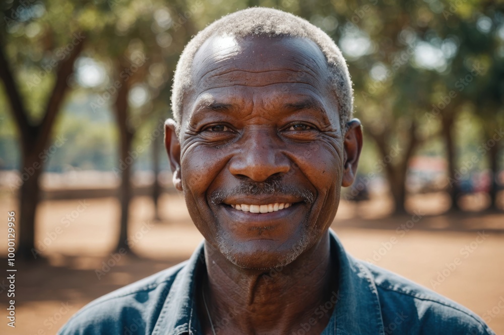 Close portrait of a smiling senior Eswatini man looking at the camera, Eswatini outdoors blurred background Close portrait of a smiling senior Eswatini man looking at the camera, Eswatini outdoors blurred background