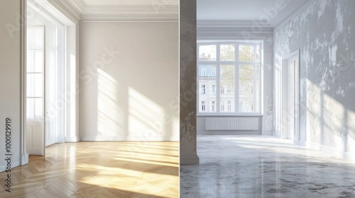 apartment before and after restoration or refurbishment, copy and text space, 16:9