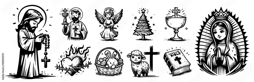 collection of hand-drawn christian icons and attributes, highlighting spiritual themes in black and white collection of hand-drawn christian icons and attributes, highlighting spiritual themes in black and white