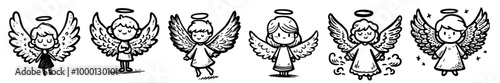 artistic set of hand-drawn baby angel illustrations, showcasing innocence and charm in black and white