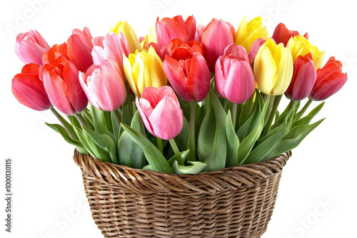 A colorful display of red, pink, and yellow tulips in a basket, solated on transparent background, PNG file photo