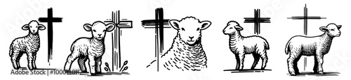 collection of religious lamb of god and cross illustrations, hand-drawn black vector art