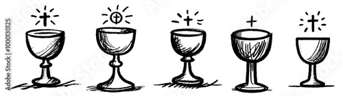 collection of religious chalices designs in black and white vector line art