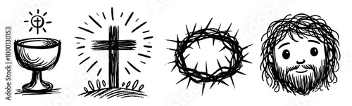 collection of hand-drawn christian icons and attributes, highlighting spiritual themes in black and white