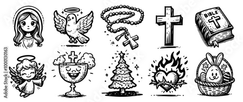 children's collection of illustrations in the form of religious icons depicting Our Lady Mary, holy spirit, rosary, cross, bible in cartoon form