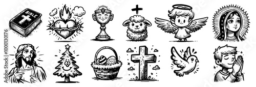 hand-drawn illustrations of christian symbols and attributes, featuring crosses and sacred objects