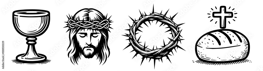 black and white vector set of christian symbols and sacred objects in hand-drawn doodle style black and white vector set of christian symbols and sacred objects in hand-drawn doodle style