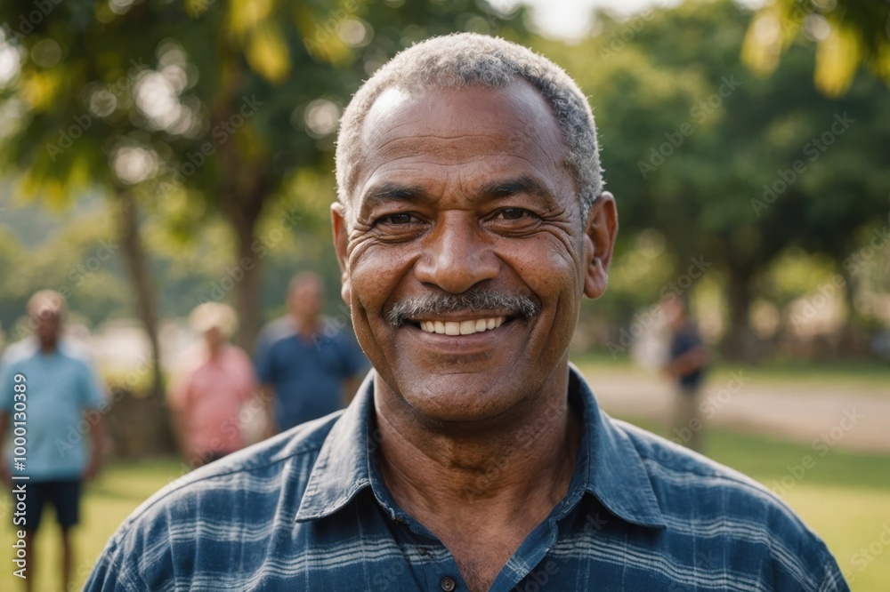 Close portrait of a smiling senior Fijian man looking at the camera, Fijian outdoors blurred background Close portrait of a smiling senior Fijian man looking at the camera, Fijian outdoors blurred background