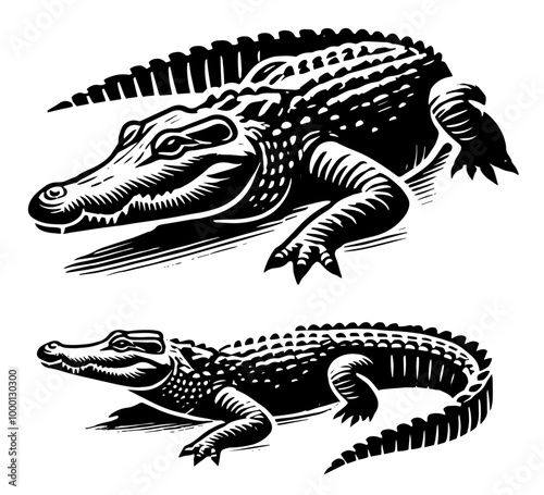 black and white alligator silhouette in detailed vector style