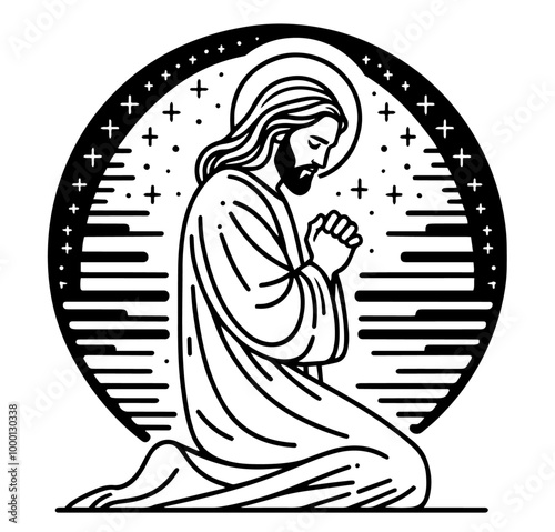 minimalist doodle sketch of praying jesus christ in black vector style