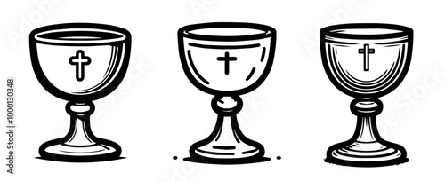 hand-drawn set of liturgical chalices in vintage black vector illustration