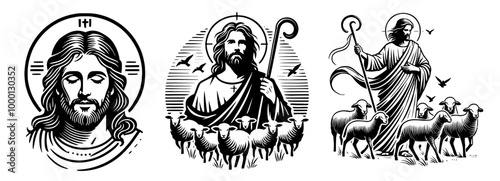 jesus christ as shepherd with lambs hand-drawn illustration black and white set