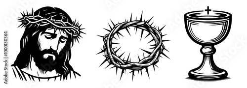 artistic black and white collection of christian icons and attributes in whimsical doodle style