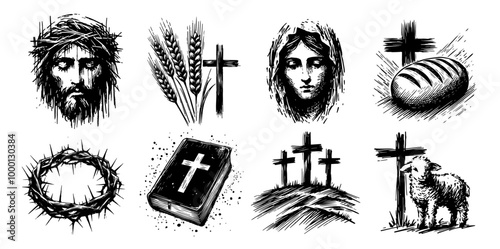 collection of hand-drawn christian icons and attributes, highlighting spiritual themes in black and white