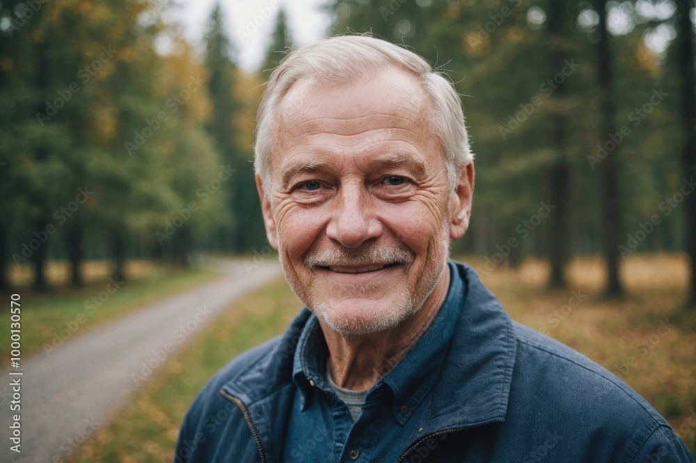 Close portrait of a smiling senior Finnish man looking at the camera, Finnish outdoors blurred background Close portrait of a smiling senior Finnish man looking at the camera, Finnish outdoors blurred background