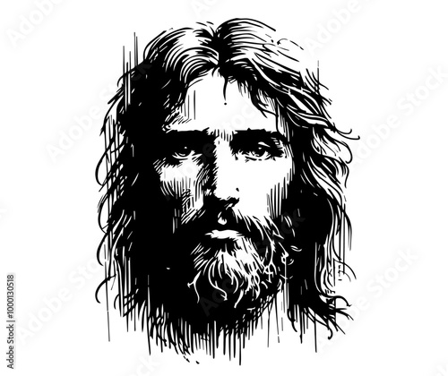 jesus christ face portrait in sketch style black vector drawing