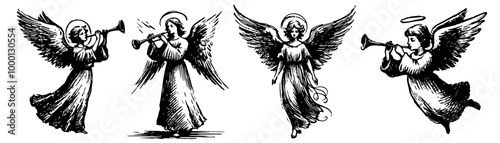 graceful angels with trumpets in vintage sketchy style black vector