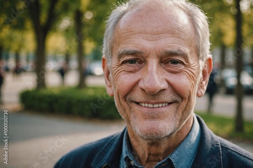 Close portrait of a smiling senior French man looking at the camera, French outdoors blurred background