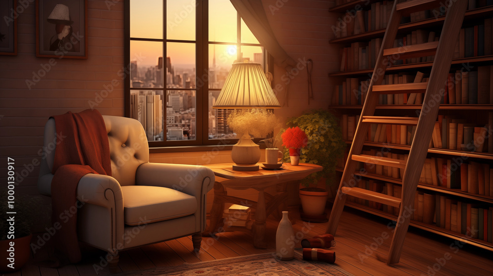 Fototapeta premium Room Decoration A_cozy_reading_nook_with_a_big lamp light and beautiful architect.