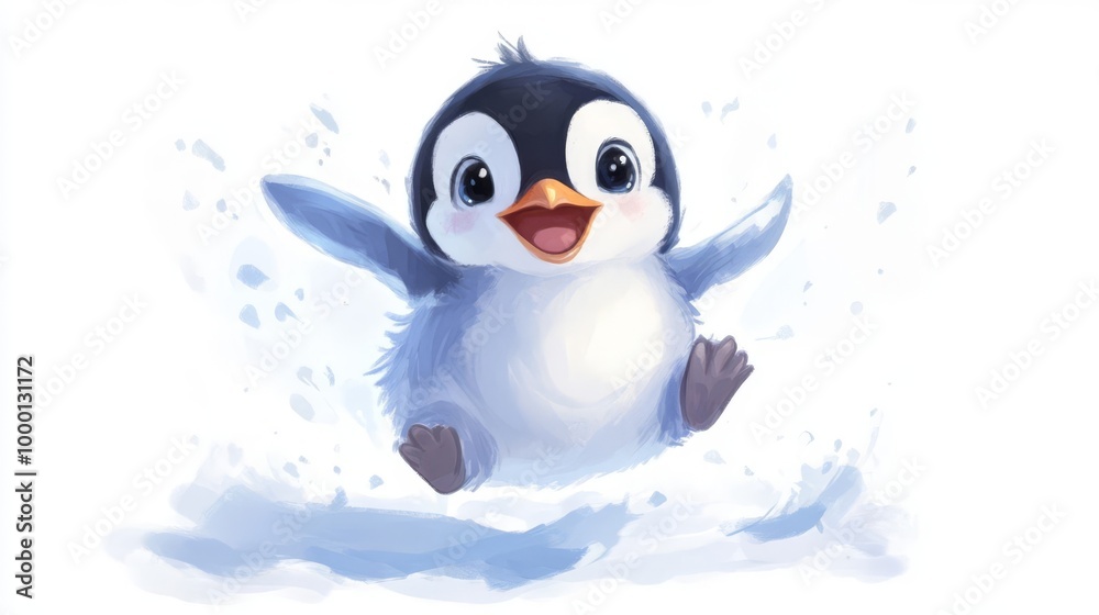 Obraz premium Adorable illustration of a cute baby penguin playing in the snow with a joyful expression, perfect for children's content.